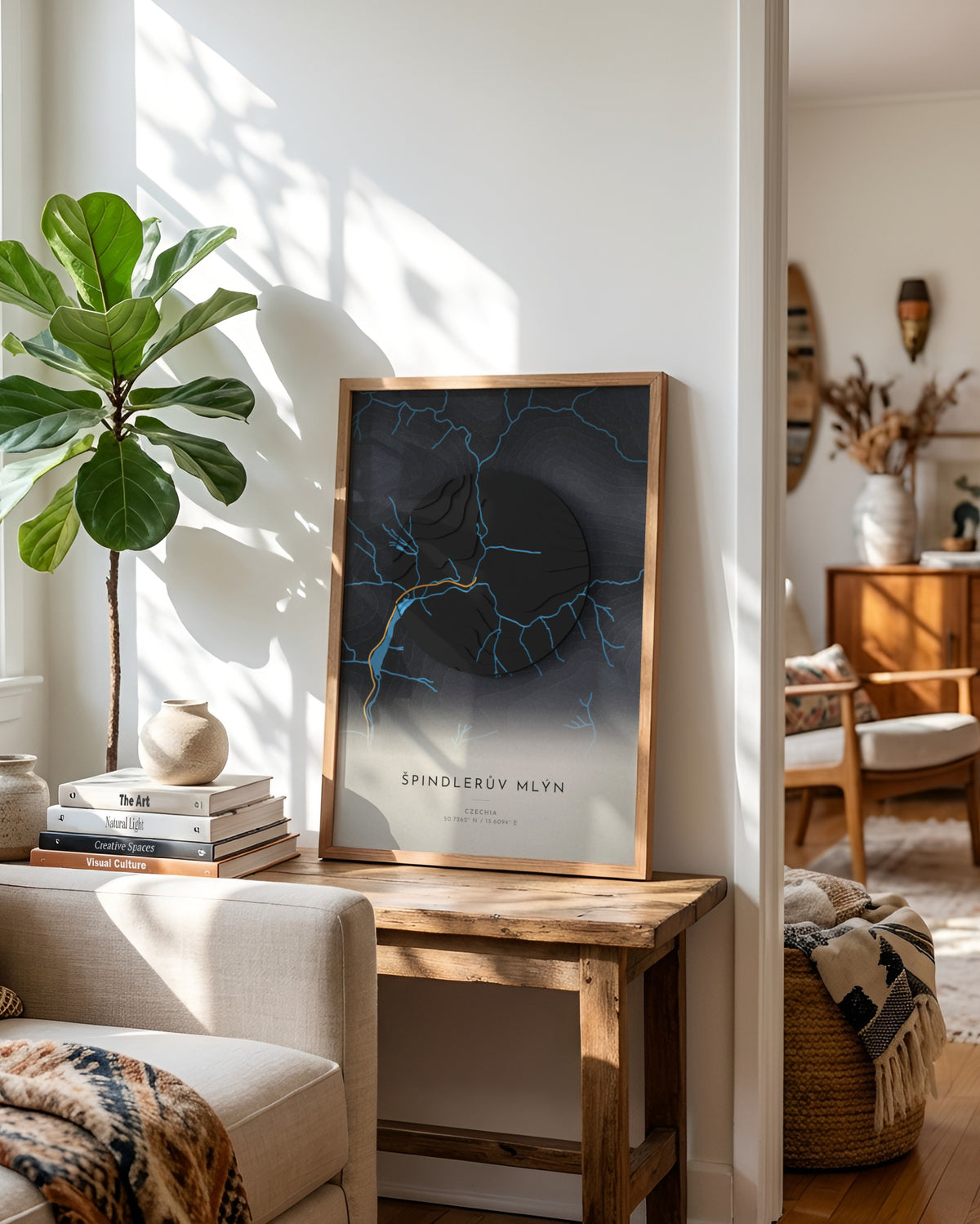 Špindlerův Mlýn 3D relief map in Basalt, framed in a room