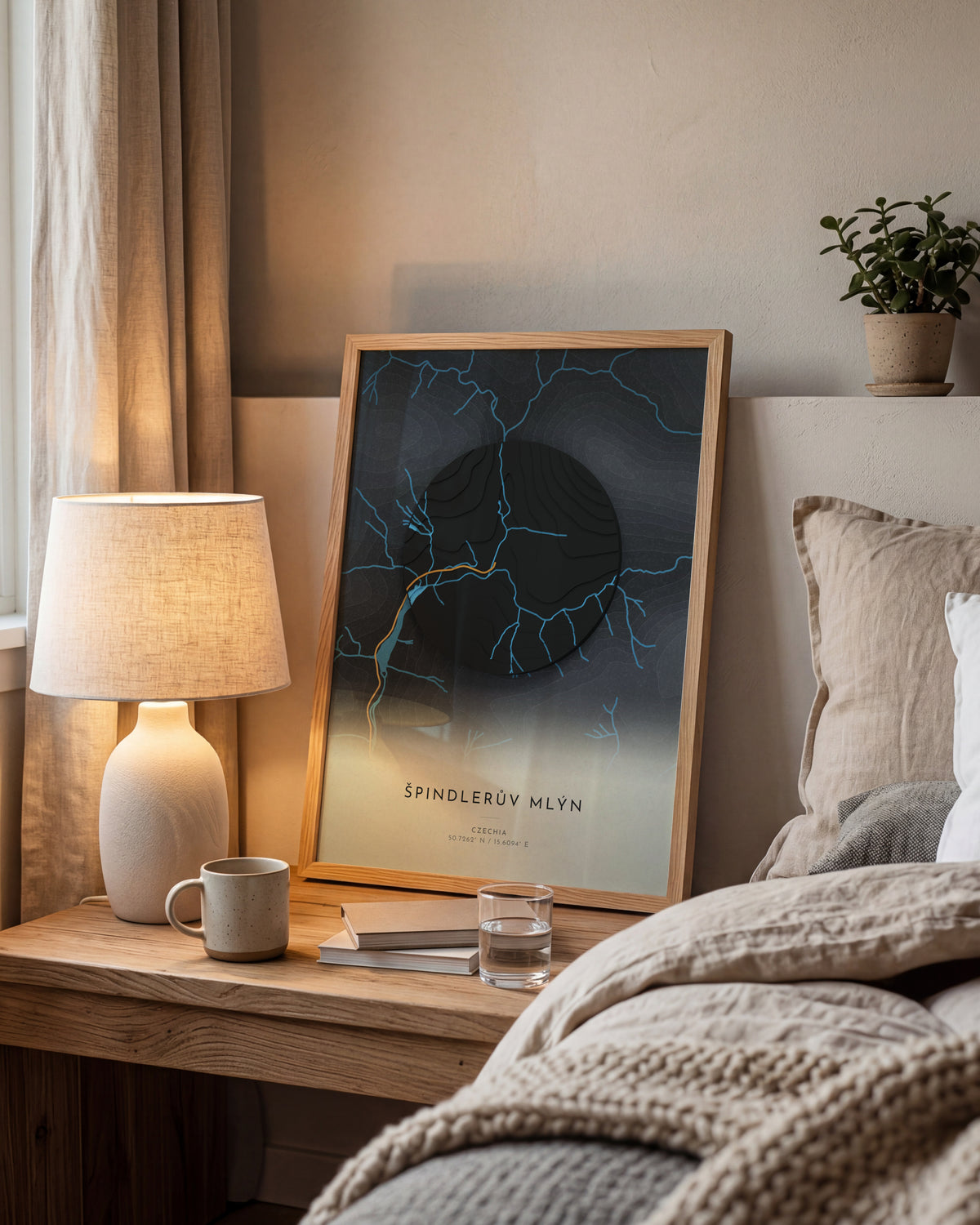 Špindlerův Mlýn 3D relief map in Basalt, framed in a room
