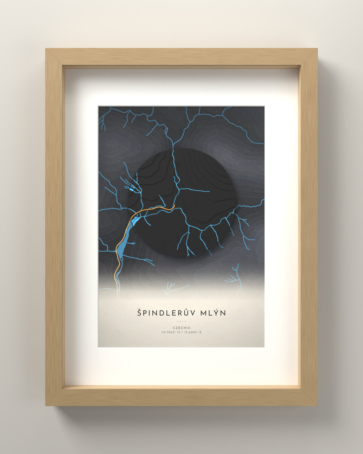 Špindlerův Mlýn 3D relief map in Basalt, oak frame