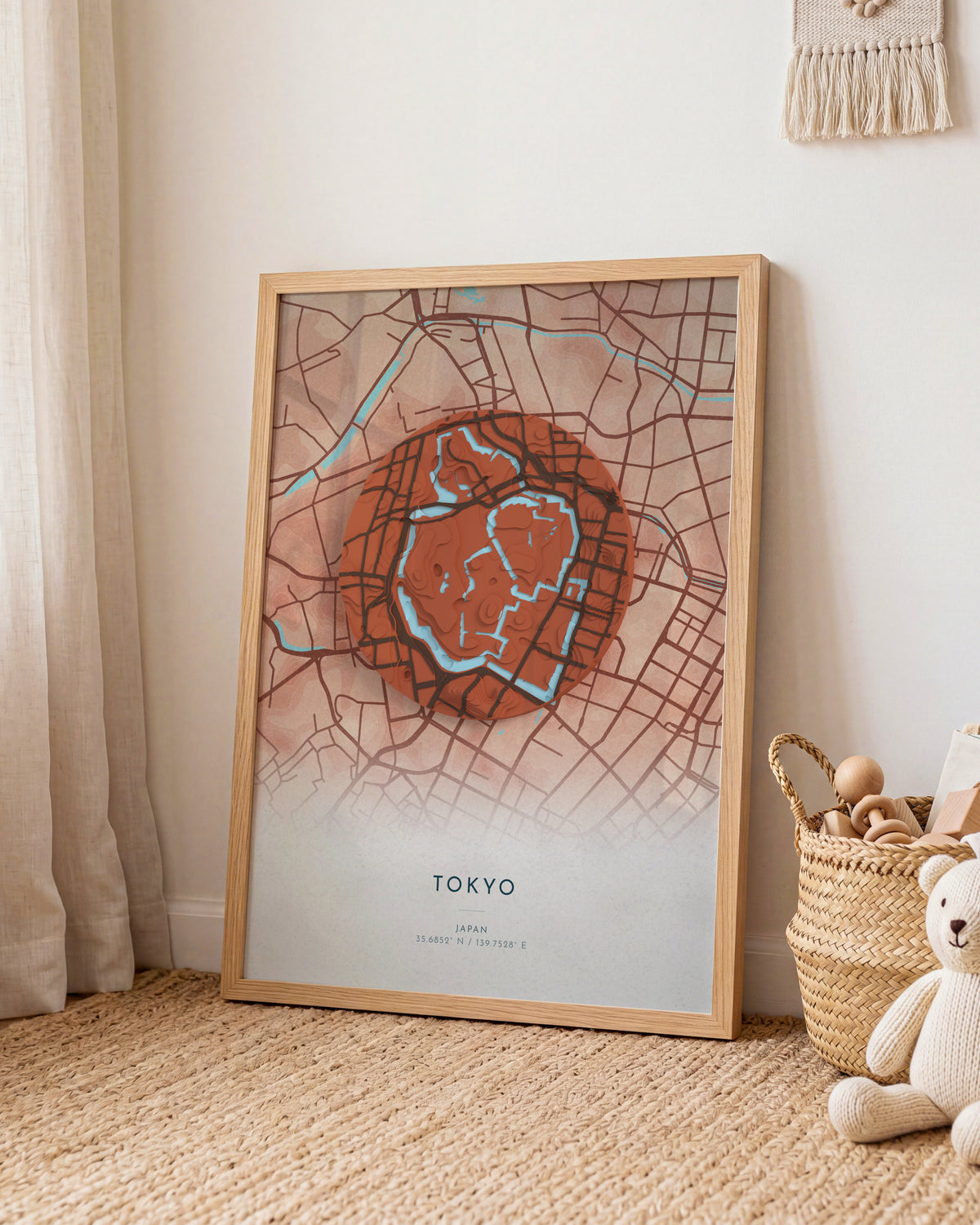 Tokyo 3D relief map in Riviera, framed in a room