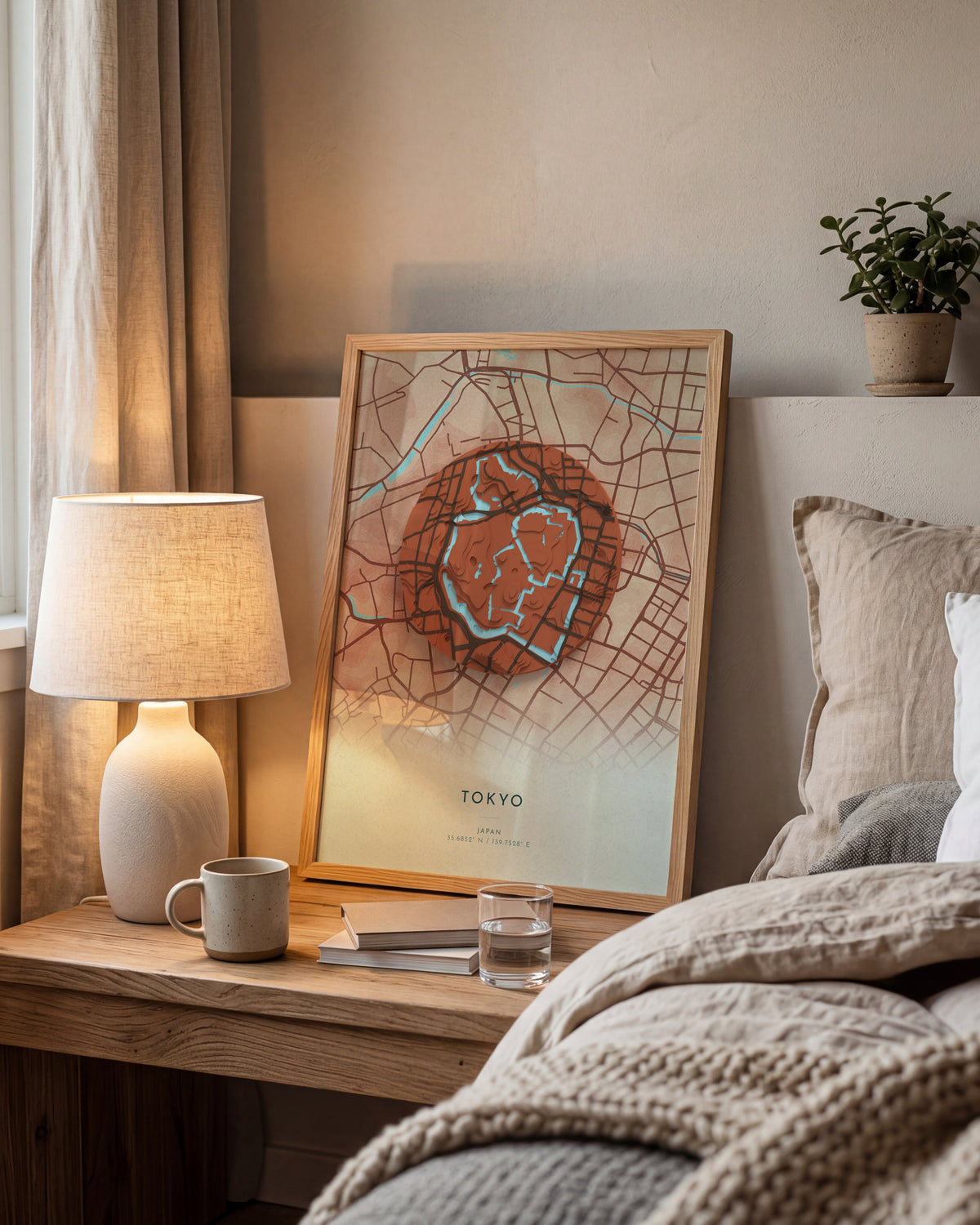 Tokyo 3D relief map in Riviera, framed in a room