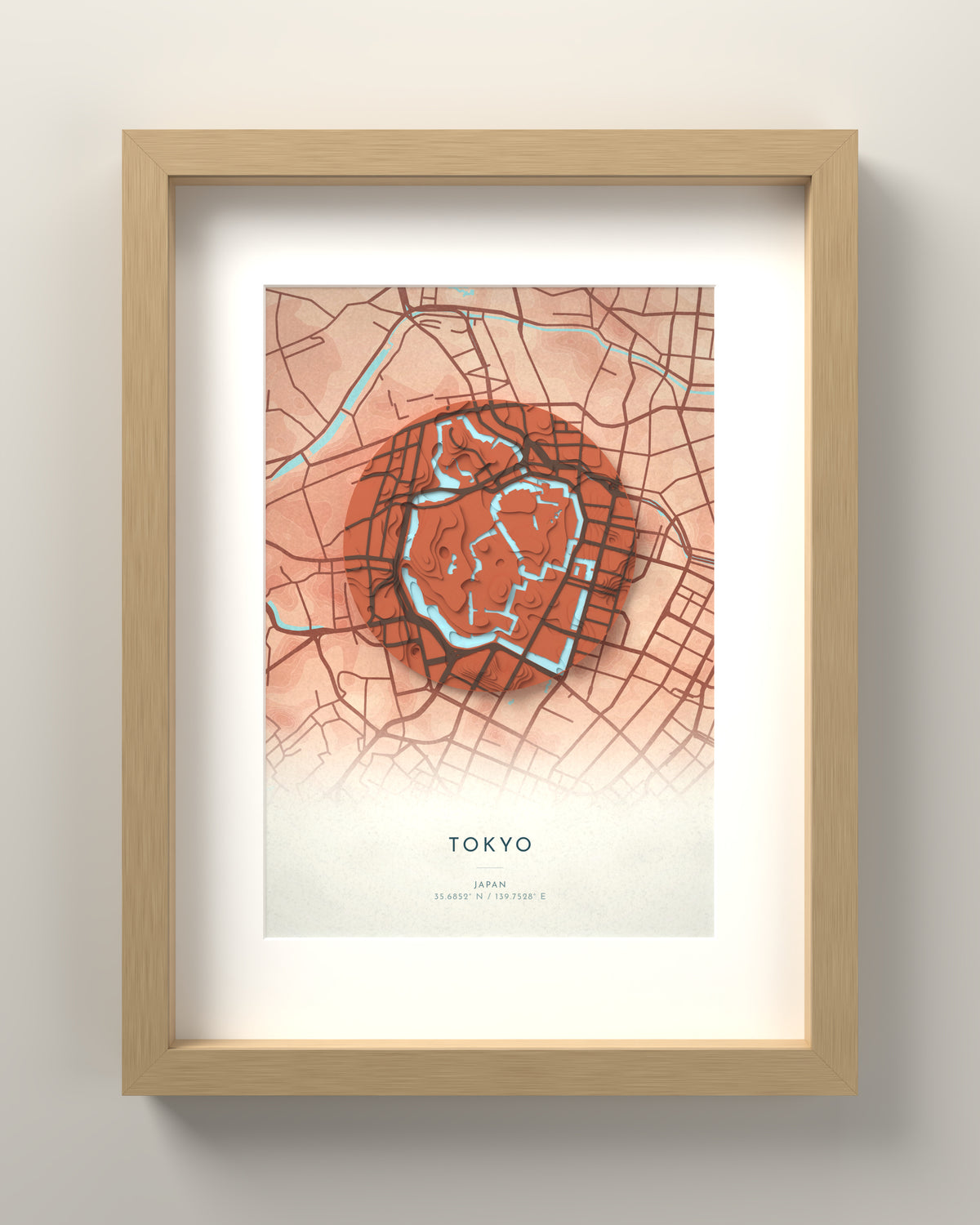 Tokyo 3D relief map in Riviera, oak frame