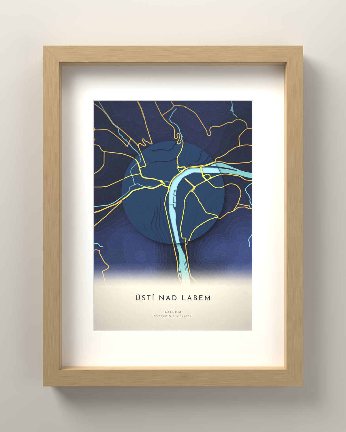 Ústí nad Labem 3D relief map in Nocturne, oak frame