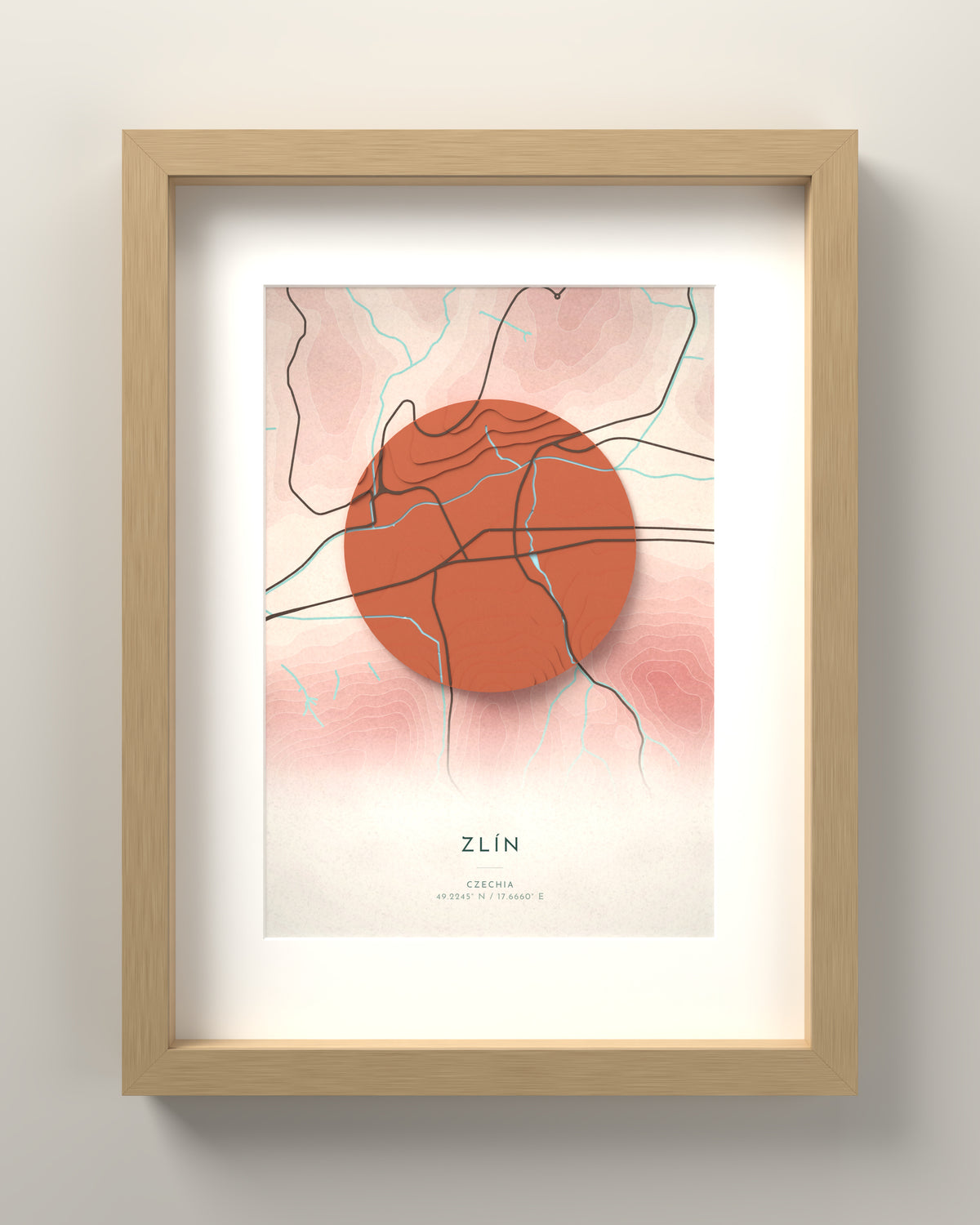 Zlín 3D relief map in Fuji, oak frame